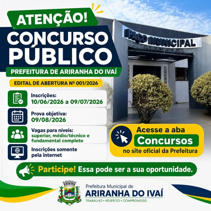 Prefeitura de Ariranha do Ivaí abre Concurso Público nº 001/2026